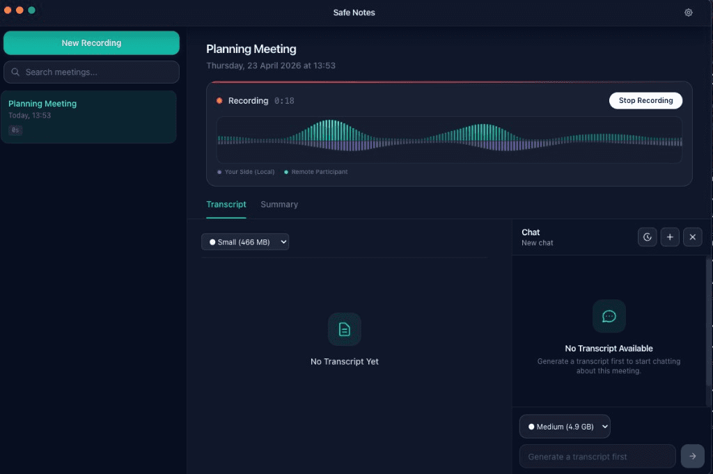 Safe Notes recording a meeting with a live waveform showing both sides of the conversation