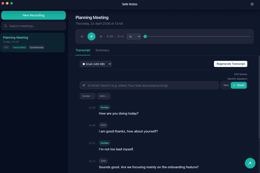 Safe Notes transcript view with Jordan and John speaker labels and AI smart search
