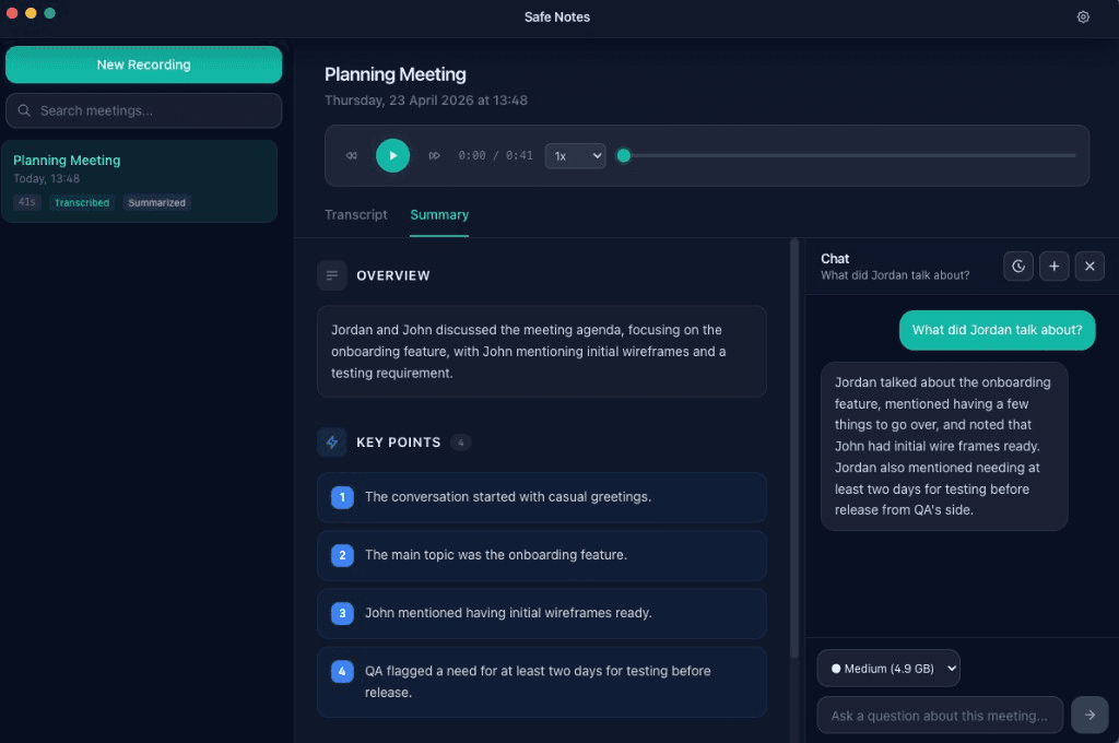 Safe Notes desktop app: meeting summary with local Q&A chat answering a follow-up question about the conversation